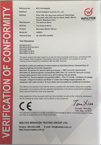 China Hynall Intelligent Control Co. Ltd certification